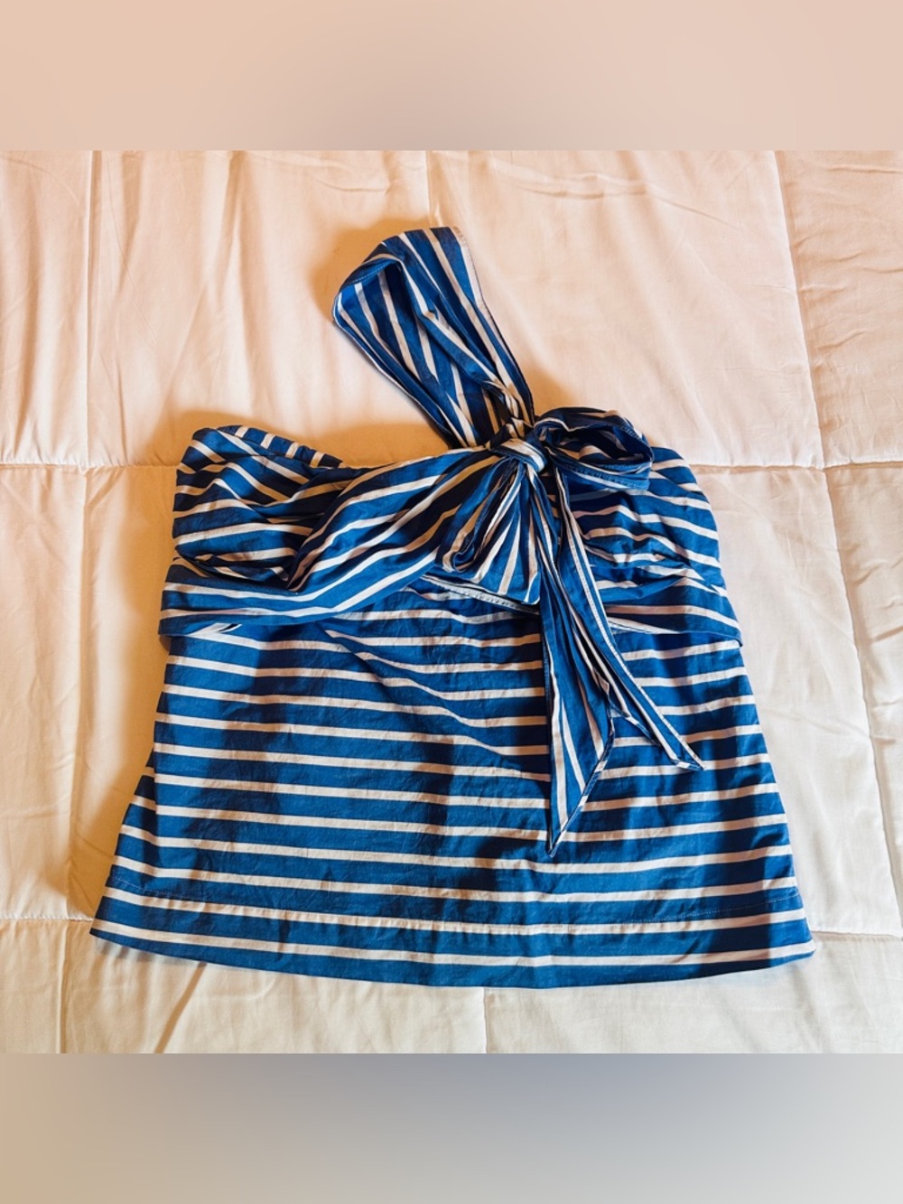 Blue and White Striped Bow One Shoulder Top